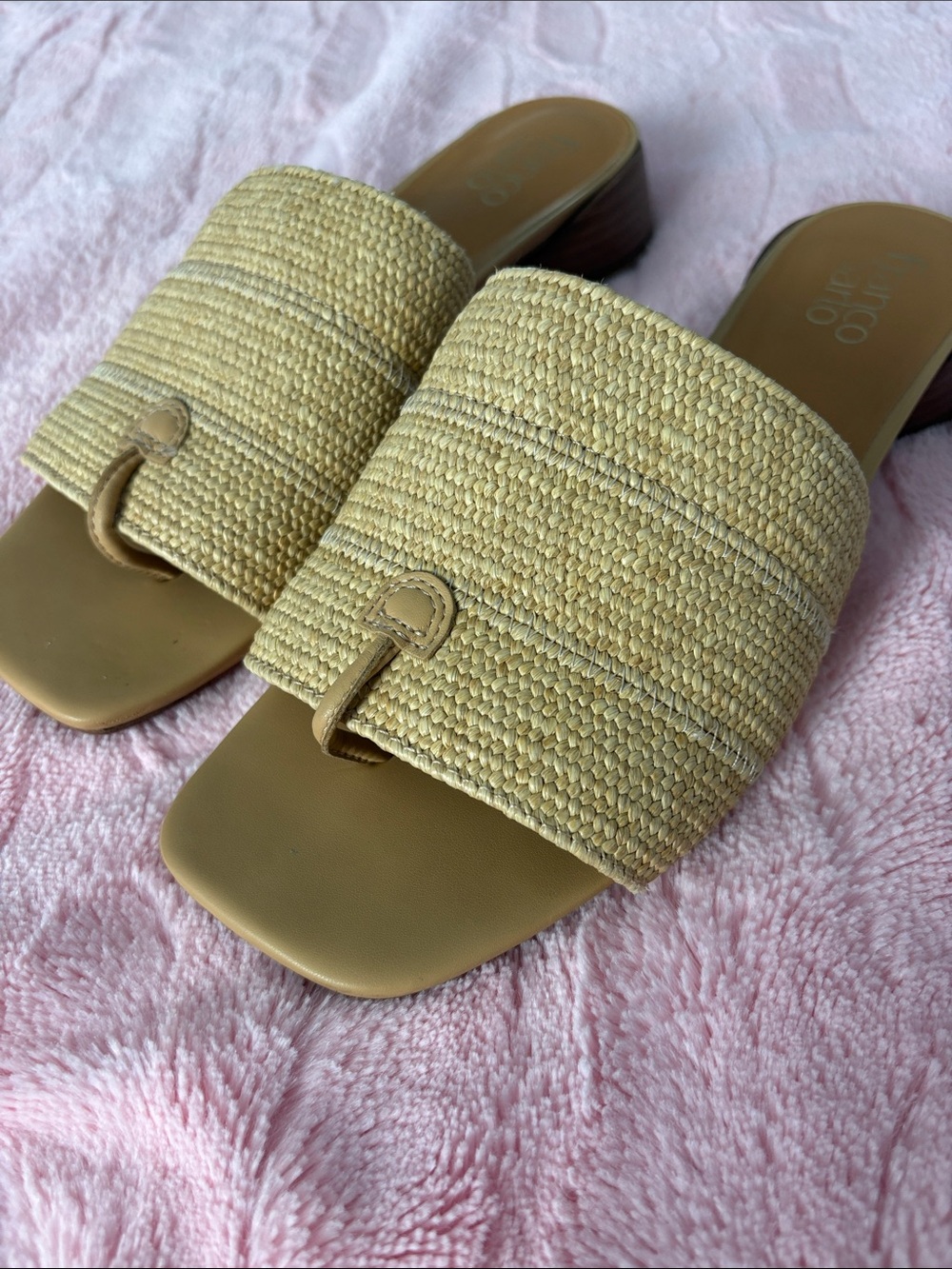 Franco Sarto Natural Straw Slide Sandals - Tan Footbed